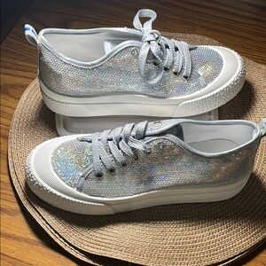 Silver Glitter Platform Sneakers with White Sole